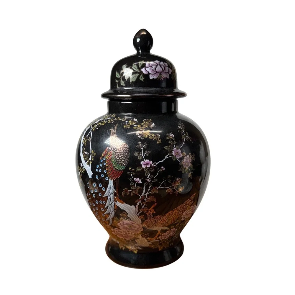 Vintage Japanese Black Porcelain Peacock Vase Ginger Jar Tea Cup Set 7pc Japan